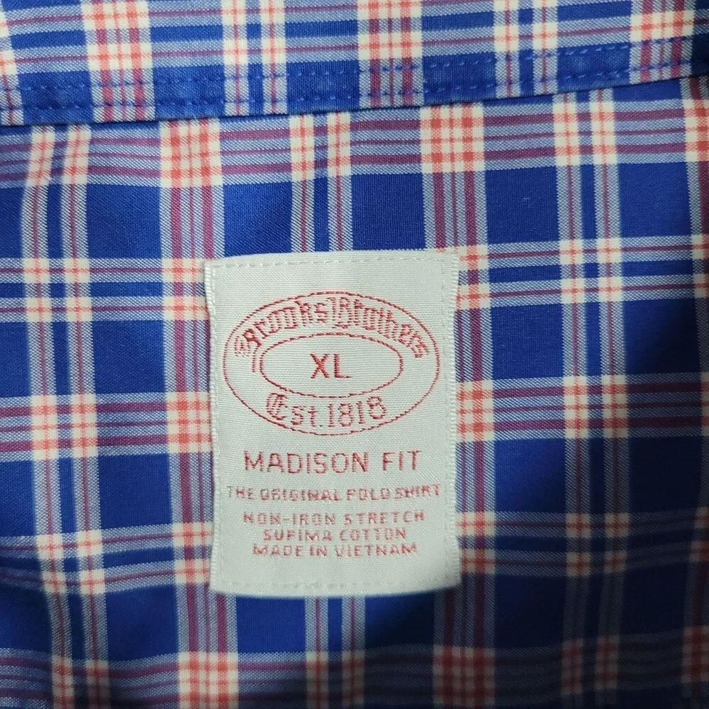 Brooks Brothers Dress Shirt Mens XL Blue Plaid Non Iron Stretch Button Down